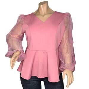 Ashley Stewart NWT Peplum Sheer Long Sleeve with Pearls Back Key Hole Size 18/20
